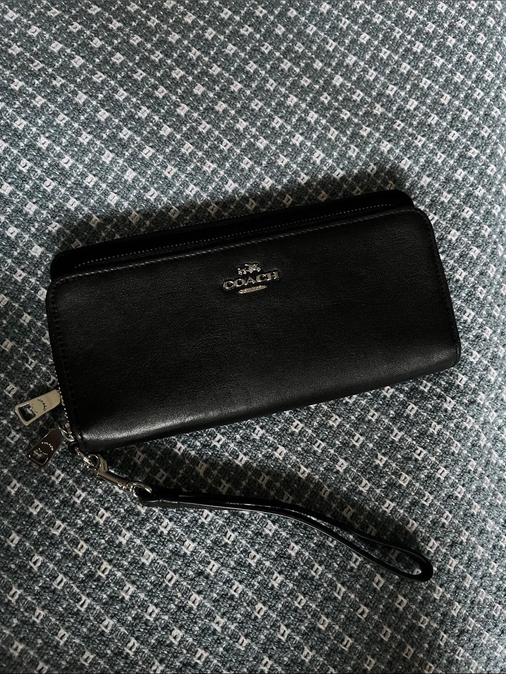Coach Black Leather Double Zip Wristlet with Silver Hardware